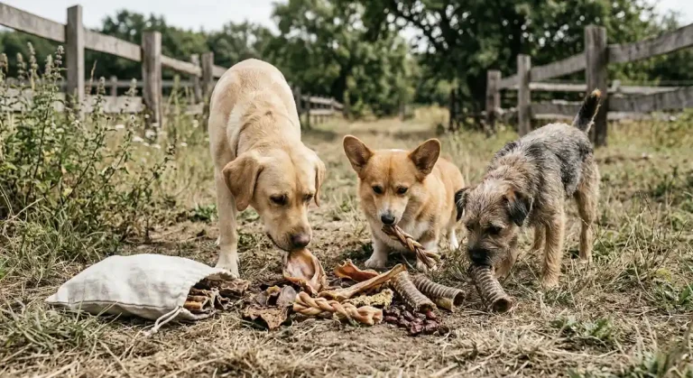 Trois chien qui mangent des friandises pour chiens