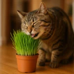 Chat tigré en train de brouter son pot d'herbe à chat