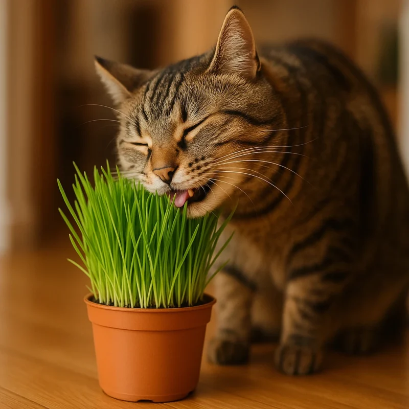 Chat tigré en train de brouter son pot d'herbe à chat