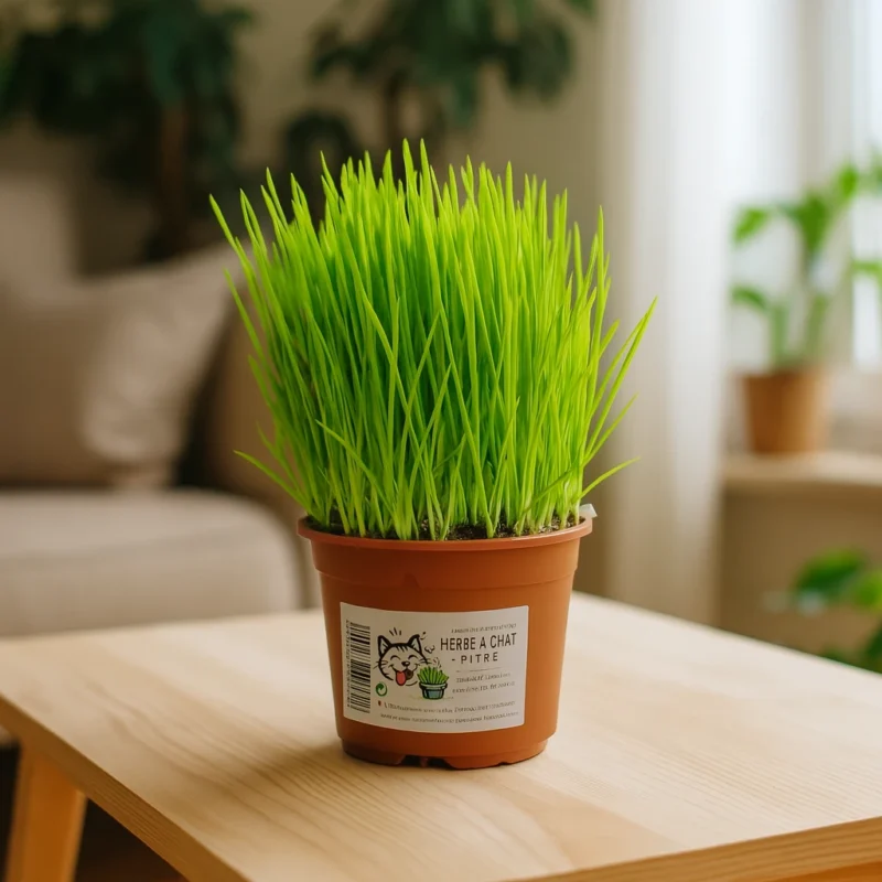 Pot d'herbe à chat sur une table dans un salon lumineux