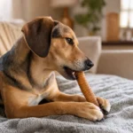 Chien de profil mâchant une trachée de boeuf séchée - Capitaine Croq