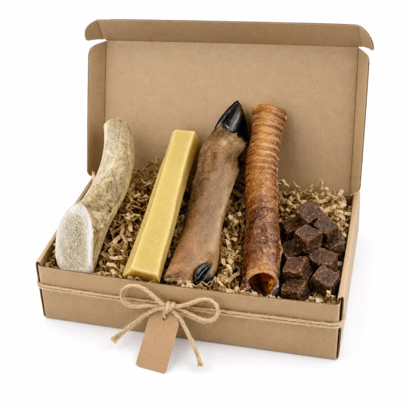 Box cadeau pour chien Capitaine Croq, taille grand chien, boîte kraft ouverte avec ruban et étiquette : bois de cerf entier, Croq'Fromage XL, patte de chevreuil, trachée de bœuf et cubes de récompense
