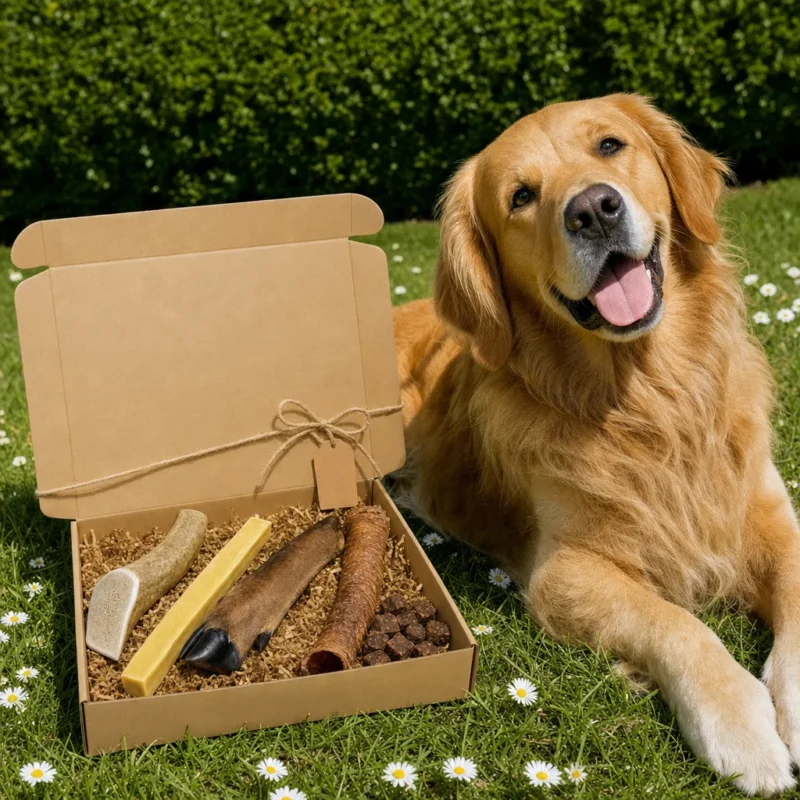Box cadeau pour chien Capitaine Croq ouverte dans l'herbe à côté d'un golden retriever