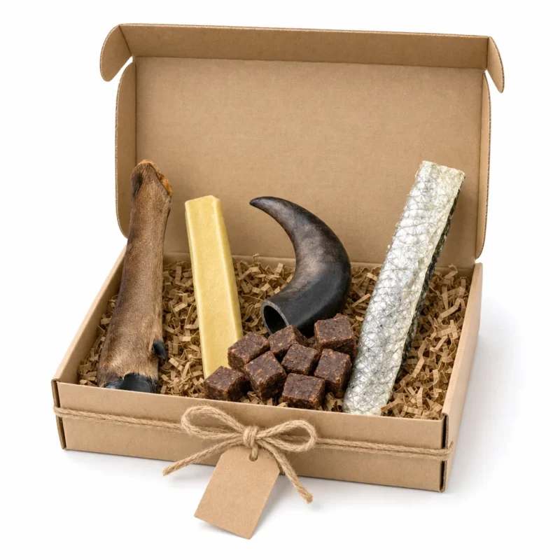 Box cadeau pour chien Capitaine Croq, taille petit chien, boîte kraft ouverte avec ruban et étiquette : patte de cerf, Croq'Fromage, corne de buffle, cubes de récompense et peau de saumon