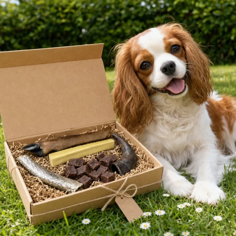 Box cadeau pour chien Capitaine Croq ouverte dans l'herbe à côté d'un cavalier king charles