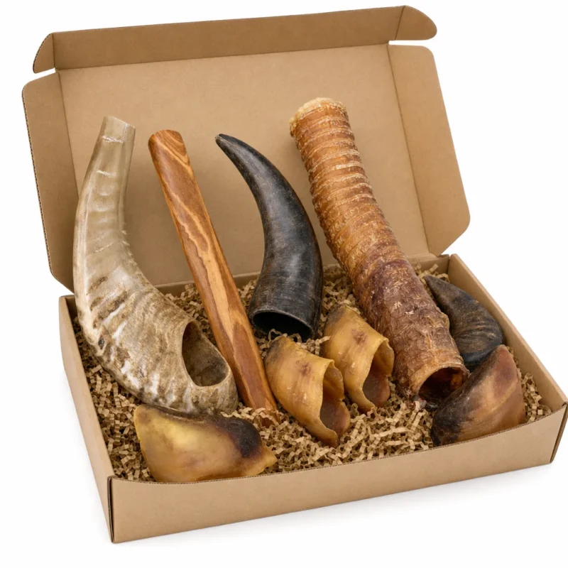 Box mastication anti ennui Capitaine Croq ouverte : corne de mouton, bâton de bois d'olivier, corne de buffle, trachée de bœuf et 5 sabots de veau