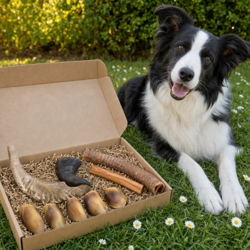Box mastication anti ennui Capitaine Croq ouverte dans l'herbe à côté d'un border collie