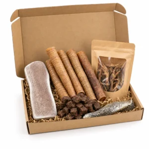 Box mastication chiot Capitaine Croq ouverte : bois de cerf tranché, trachées de bœuf, sachet de pattes de poulet, cubes de récompense et peau de saumon
