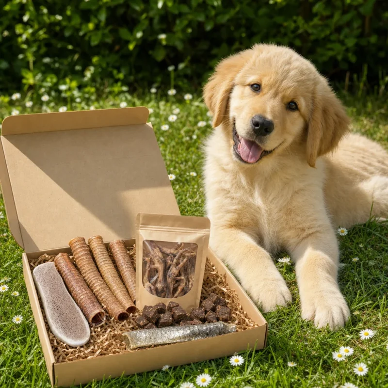 Box mastication chiot Capitaine Croq ouverte dans l'herbe à côté d'un chiot golden retriever