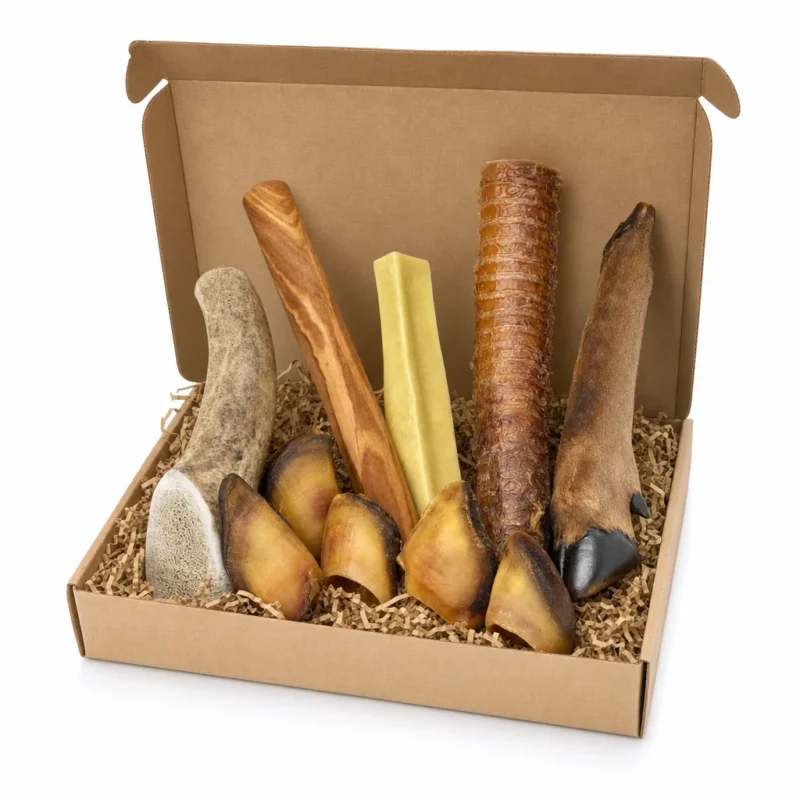 Box mastication grand chien Capitaine Croq ouverte : bois de cerf entier, bâton de bois d'olivier, Croq'Fromage XL, trachée de bœuf, patte de chevreuil et 5 sabots de veau