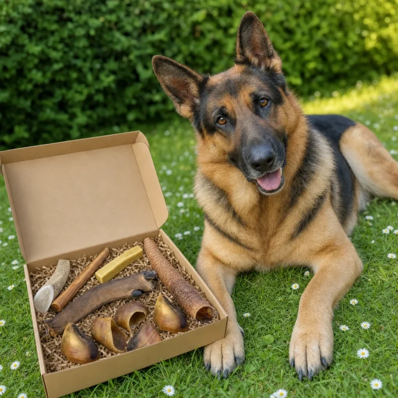 Box mastication grand chien Capitaine Croq ouverte dans l'herbe à côté d'un berger allemand