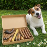 Box mastication petit chien Capitaine Croq ouverte dans l'herbe à côté d'un Jack Russell