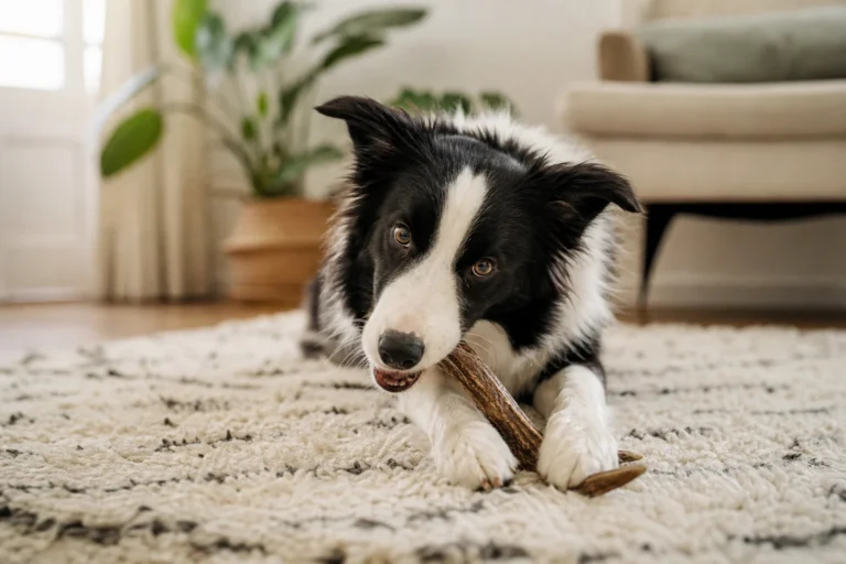 Chien border collie allongé calmement sur un tapis en train de mâcher un bois de cerf
