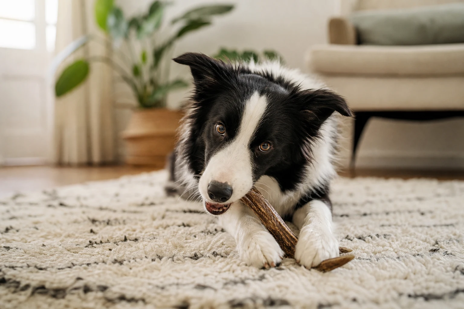 Chien border collie allongé calmement sur un tapis en train de mâcher un bois de cerf