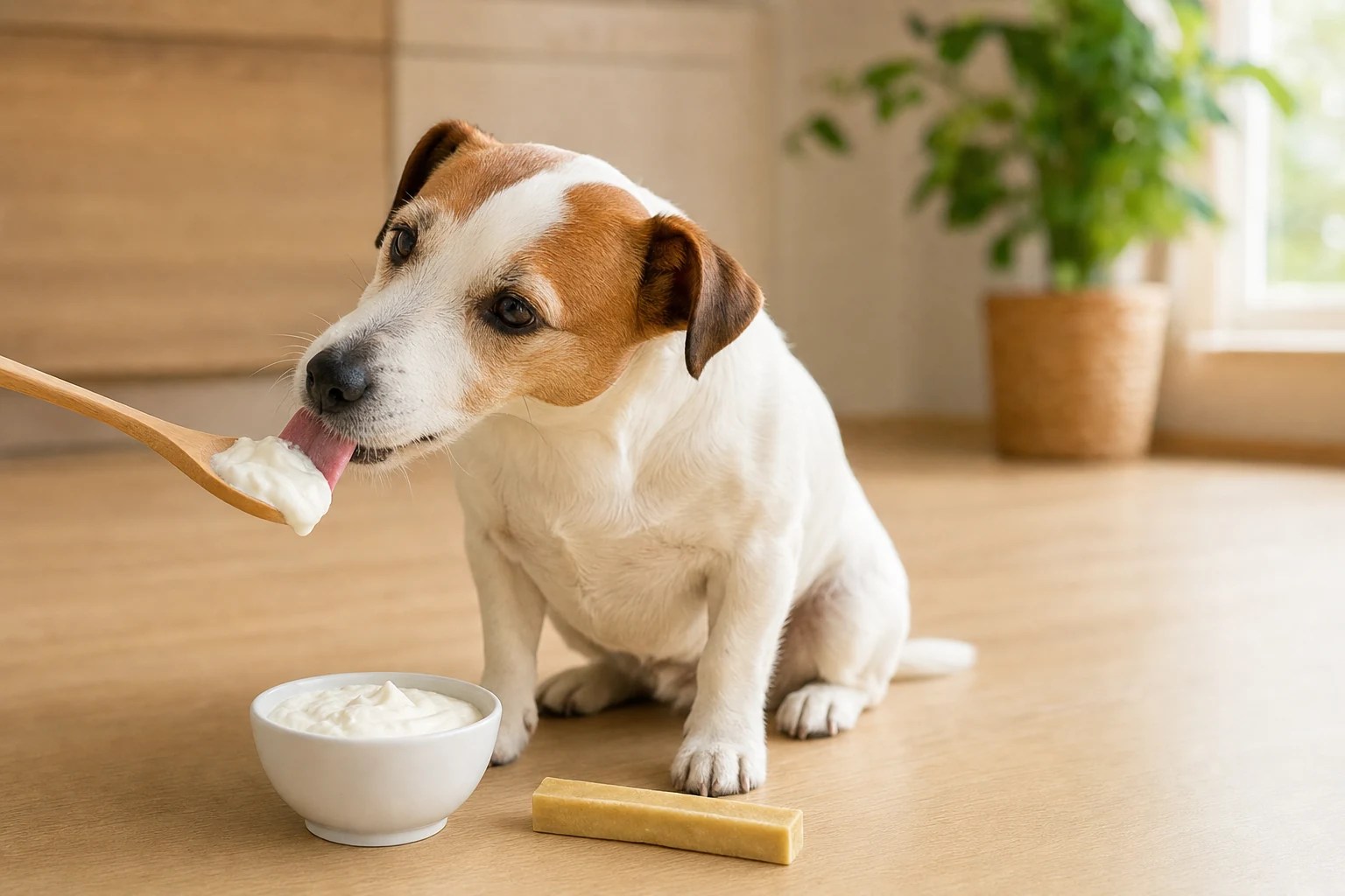 Jack Russell léchant du fromage blanc nature sur une cuillère en bois, à côté d’un bol de fromage blanc et d’un bâtonnet de Croq’Fromage