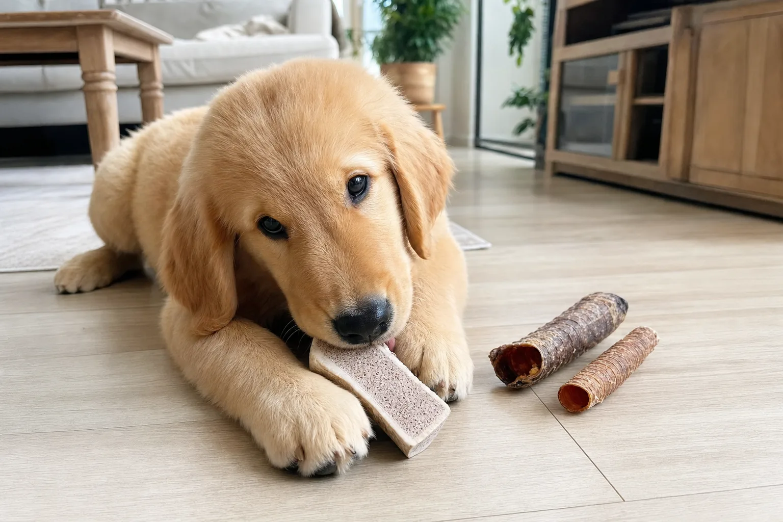 Chiot golden retriever qui mâche un bois de cerf fendu, deux trachées de bœuf séchées à côté