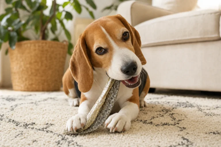 Beagle allongé sur un tapis en train de croquer une peau de saumon séchée