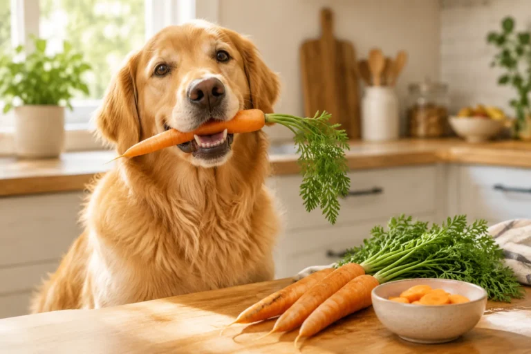 Golden retriever assis dans une cuisine, une carotte crue dans la gueule, devant des carottes fraîches et un bol de rondelles