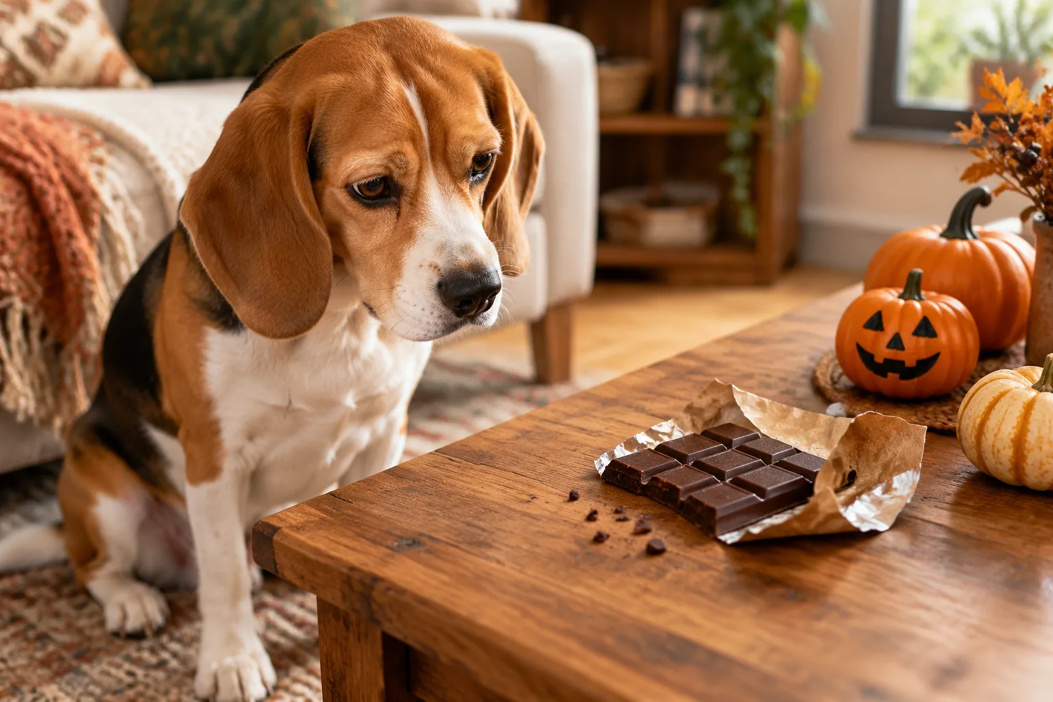Beagle assis devant une table basse où sont posés une tablette de chocolat noir entamée et des citrouilles d'Halloween