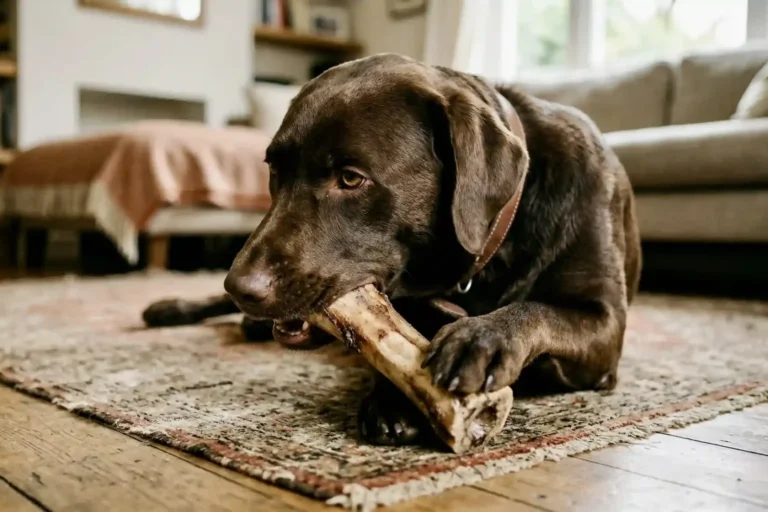 Labrador chocolat allongé sur un tapis en train de ronger un gros os
